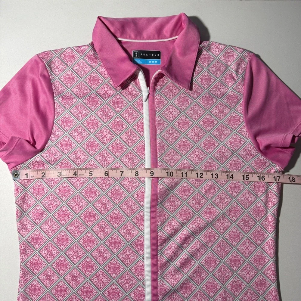 PGA Tour Womens Pink Geometric Tile Print Quarter‎ Zip Golf Polo Shirt Size M